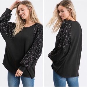 Elegant Black Sequin Sleeve Sweatshirt by 7th Ray Women’s Size X Large